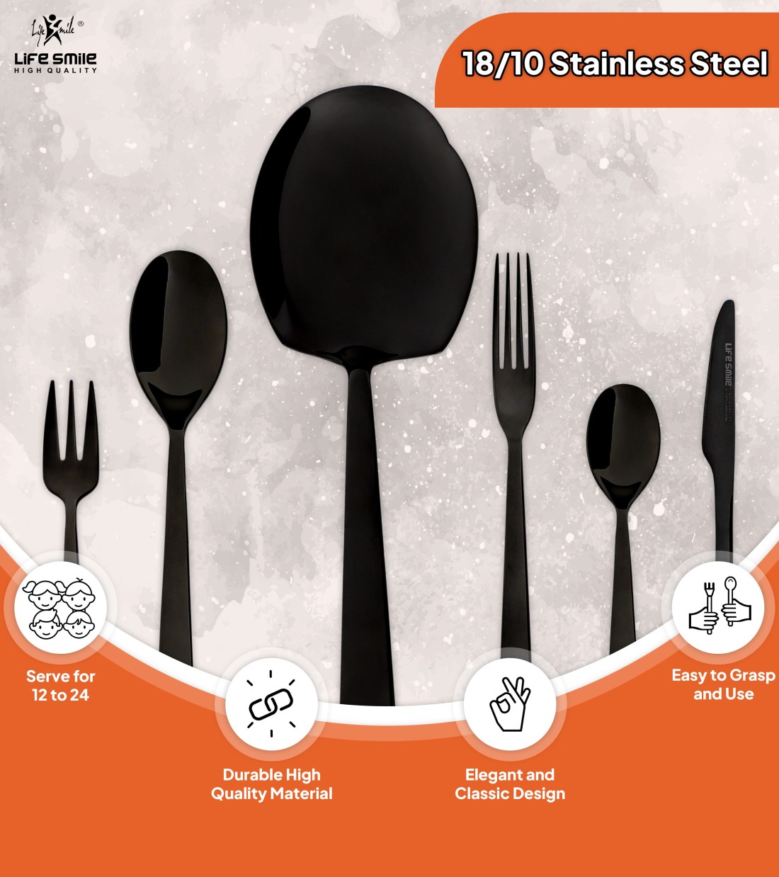 LIFE SMILE Cutlery Set, 18/10 Pure Stainless Steel Flatware Set with Stand, Rust Proof &amp; Fade Proof Dinnerware Set (SHINE BLACK, 88 Pieces)