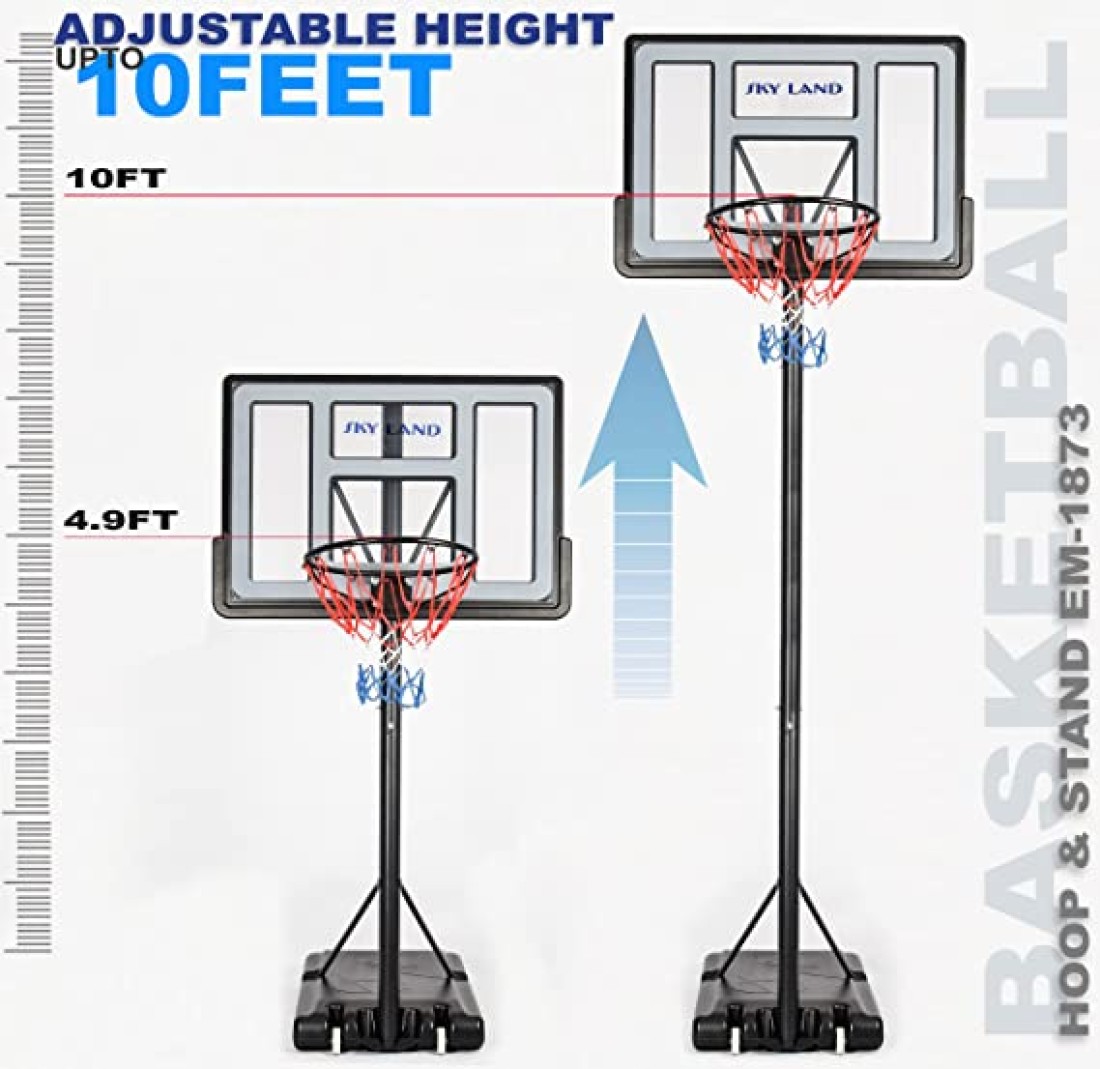 SKY LAND Sports Basketball Hoop Basketball Goal on Wheels Adjustable Height 5 - 10 FT, 44&quot; Backboard For Adults &amp; Kids, Outdoor Basketball Stand, EM-1873