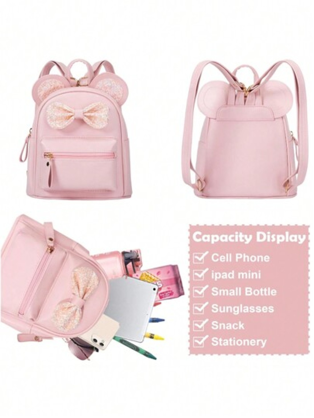 1pc Fashionable Cute Mini Backpack For Kids Featuring Sequin Bow Mouse Ear Design Suitable For Girls Pink