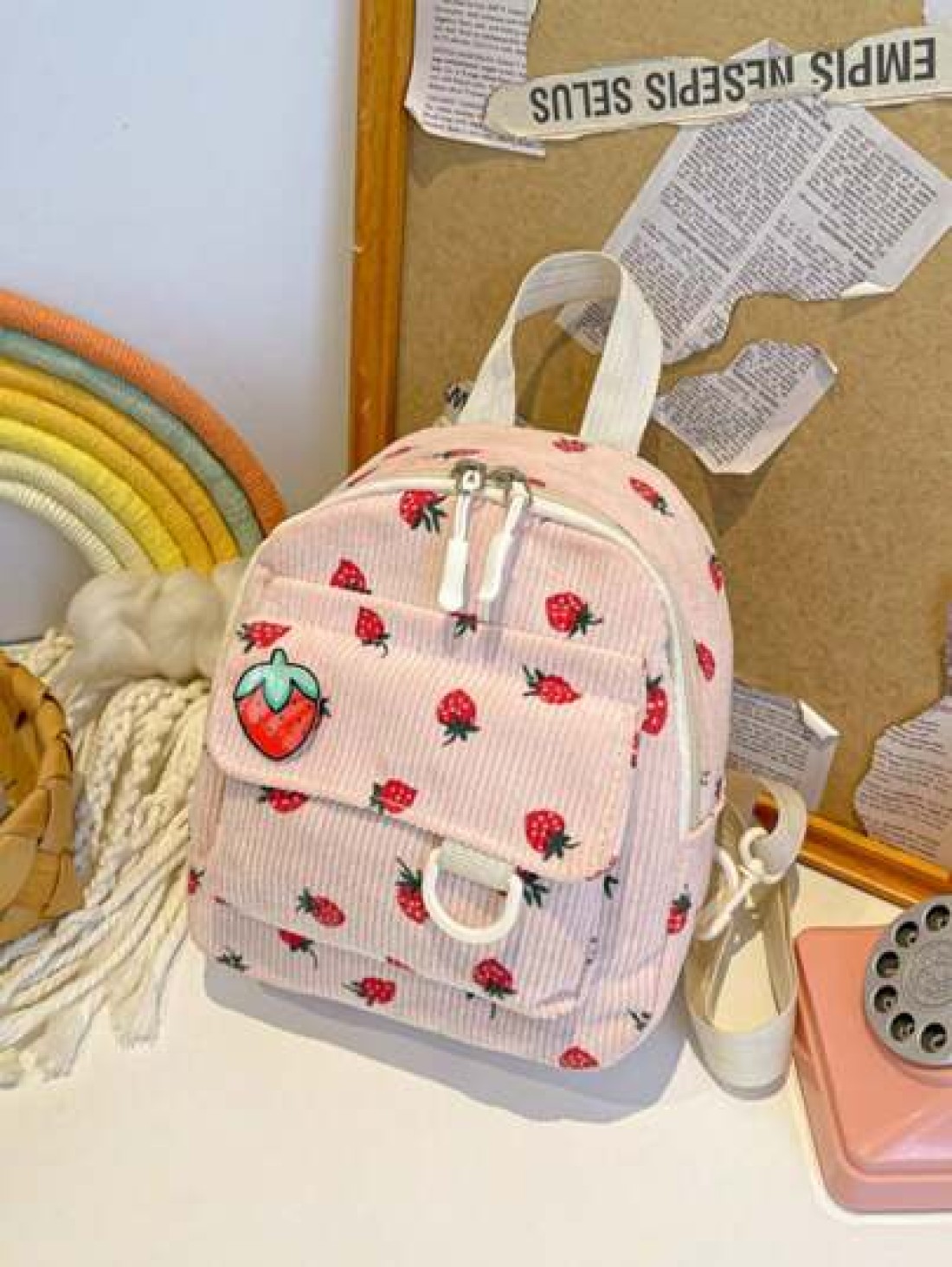 1 Piece Closed Fashionable Japanese Corduroy Stripes Small Fresh College Style Strawberry Pattern Backpack Korean Harajuku Print Small Backpack Suitable For All Occasions Comfortable And Adjustable Sh