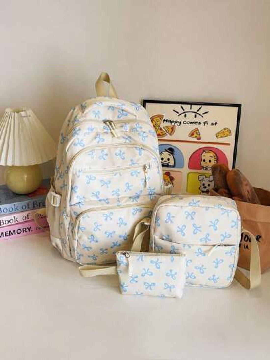 3pcs Nylon Bow Print Backpack Set Foldable Multi Po Cket Large CapacityWater Resistant Zipper Backpack Suitable F Or Teenagers High School College Students Ladies Daily Use Commuting Traveling Gifts F