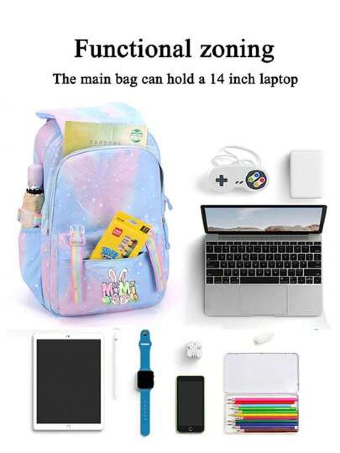 Cute Rabbit Print Lightweight Backpack With Adjustable Straps Multiple Pockets Organizer Compartments Fashionable School Bag For Rewards And Incentives Campus Backpack