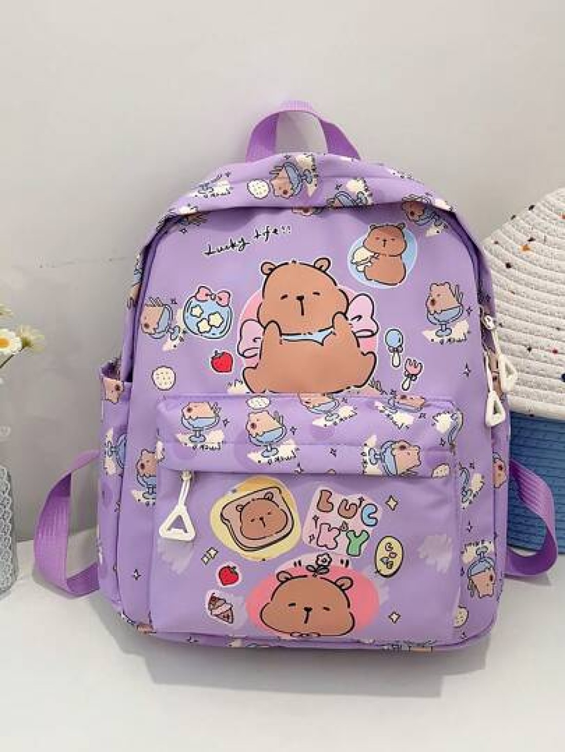 1pc Cute Capybara Backpack Cartoon Animal Print Casual Style Back To School Backpack With Zipper Closure And Adjustable Shoulder Straps Suitable For Campus And Travel