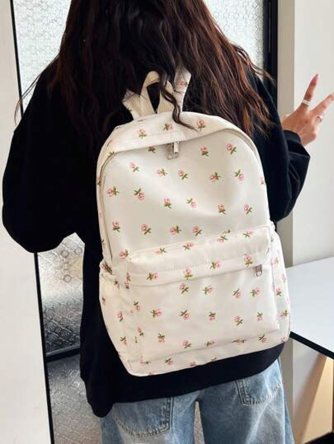 1pc White Nylon Floral Print Dual Zipper Large Capacity Fashionable Versatile Backpack Student Bag