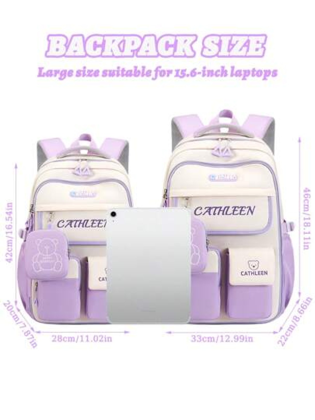 1pc Large Capacity Multi Pocket School Backpack For Girls Cartoon Bear Purple Backpack Outdoor Travel Bag With Coin Pocket Padded Shoulder Strap Fashion Versatile Polyester Suitable For Teenage Girls