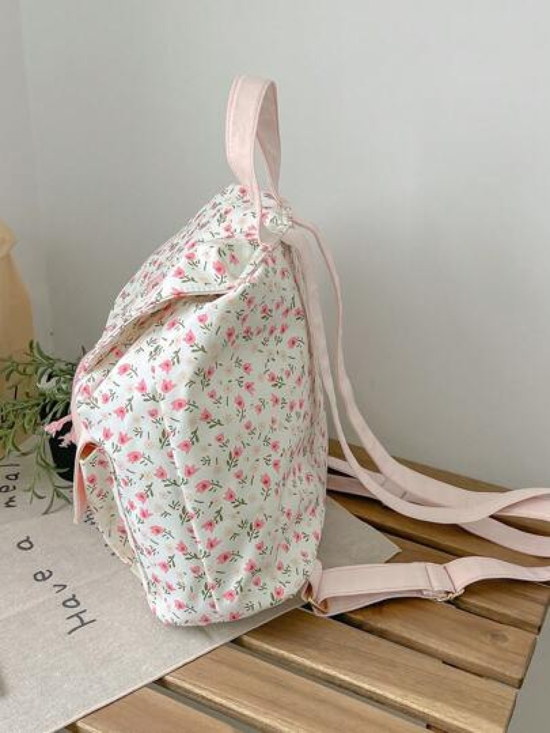 1pc Girl s Ditsy Floral Canvas Backpack Drawstring Closure Fresh Cute Casual Lightweight Bag With Large Capacity Suitable For Daily Use