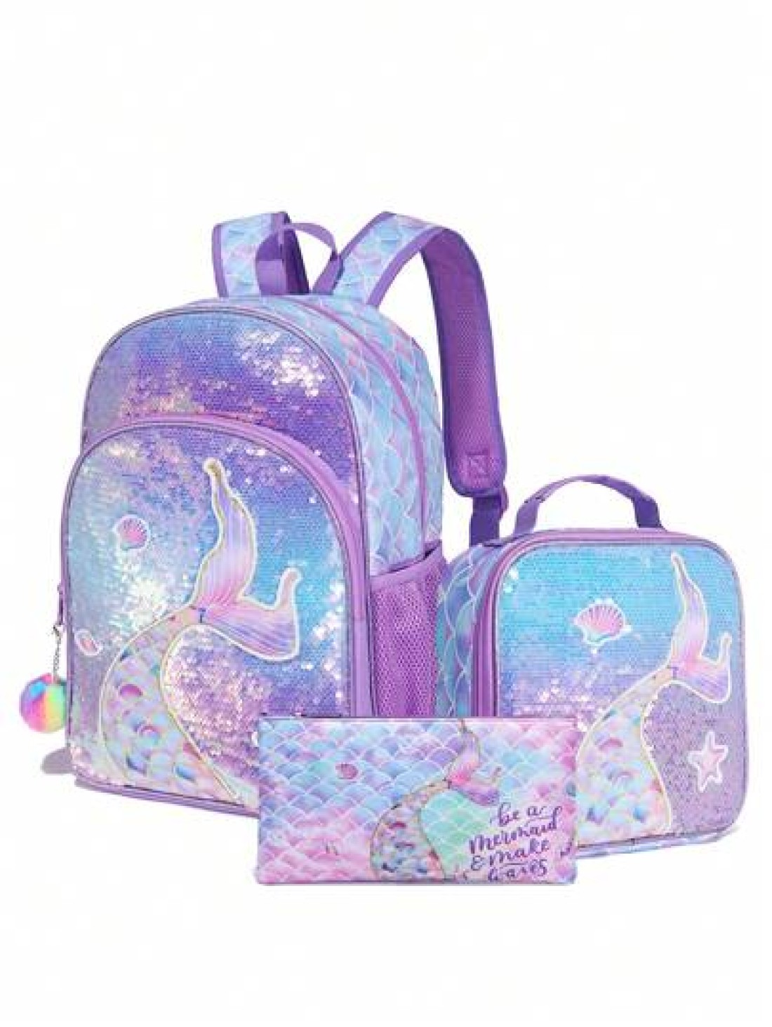 3PCSBackpack Sequined Backpack Shoulder Bag Lunch Box Pencil Case