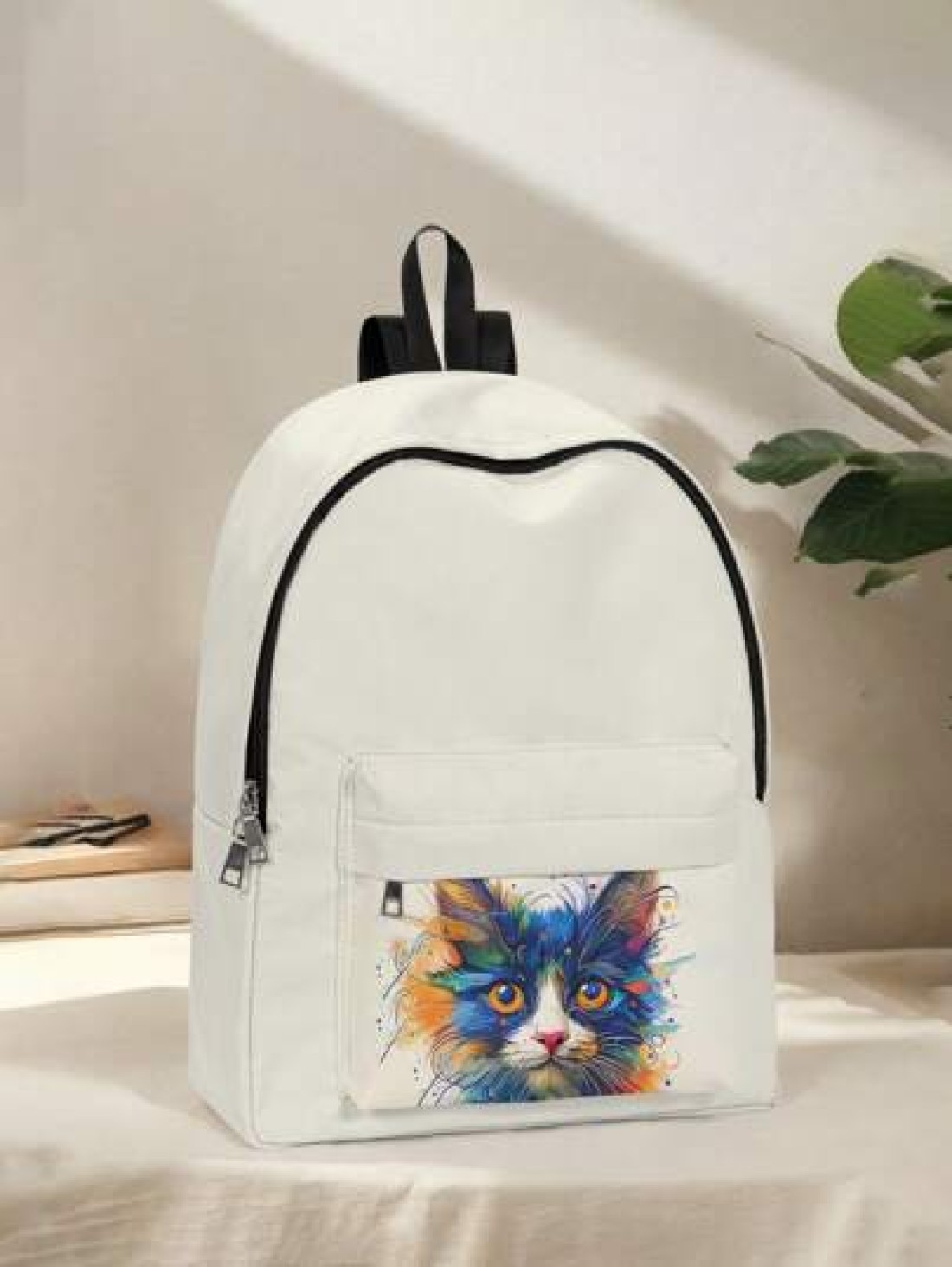 1pc Cute Cat Printed Pocket Backpack Zipper Closure Pocketed Casual Backpack Stylish For Boys And Girls Suitable For School And Outdoor Activities