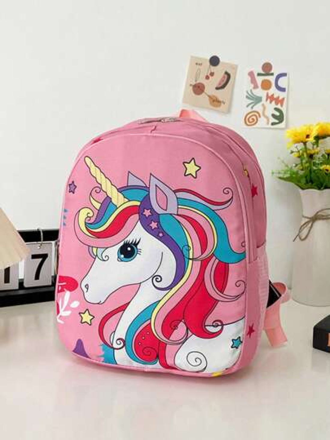 1pc Cute Backpack Nylon Cloth Double Zipper Closure Summer New Style Pink Rainbow Unicorn Schoolbag Fashionable Cartoon Backpack Comfortable Shoulder Strap Large Capacity Multifunctional Suitable For