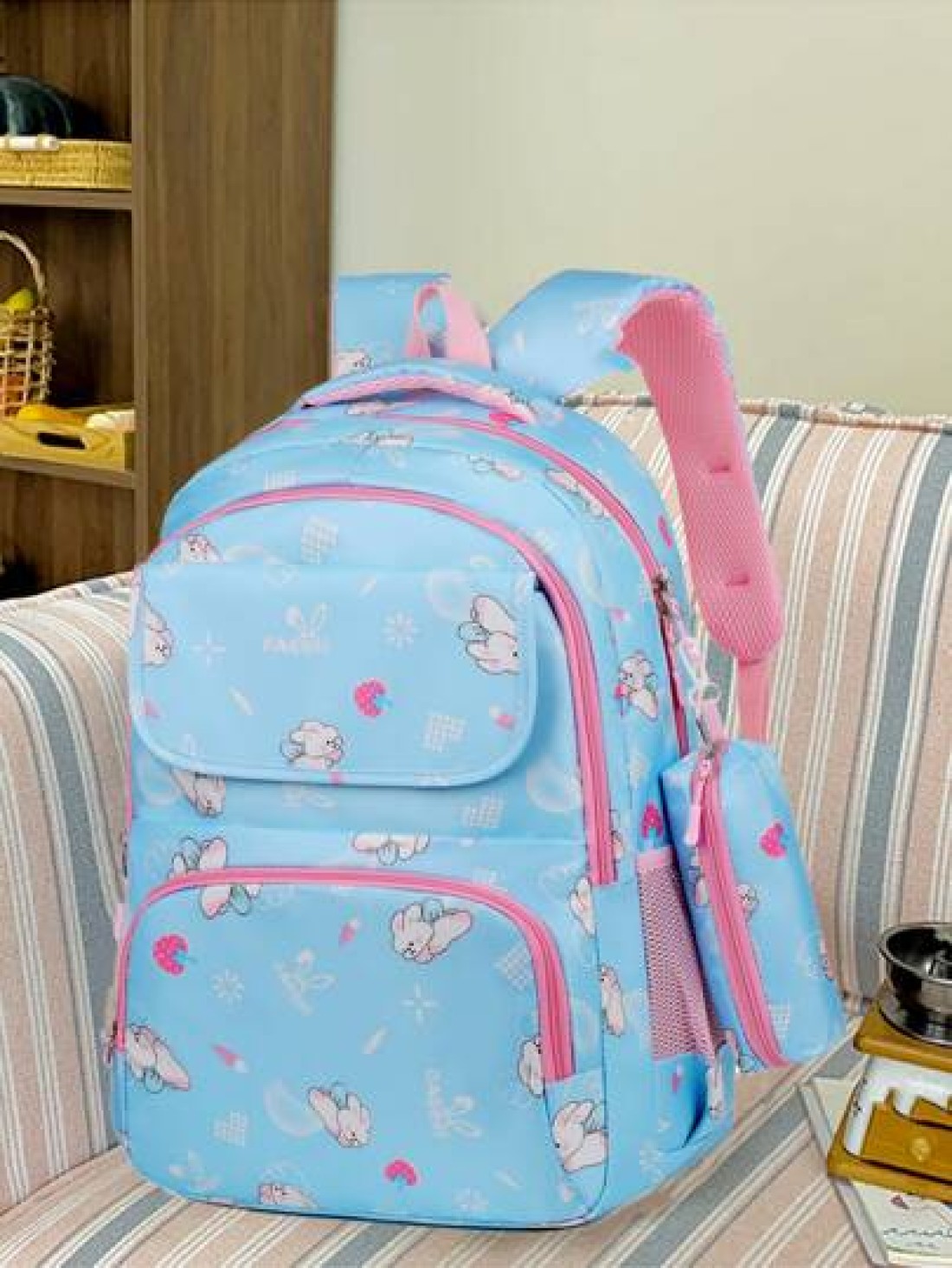 Girls Cute Double Shoulder Bags With Pen Pockets Featuring Rabbit Pattern Accents Commuting And Leisure Backpacks Available In Four Colors Black Blue Pink And Purple Adjustable Straps Large Capacity Z