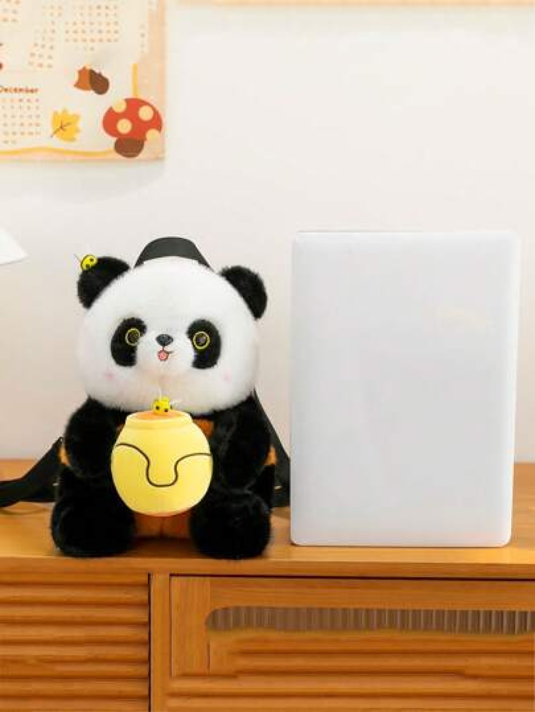 1 Pc New Cartoon Panda Hugging Honey Pattern Plush Material Backpack For Girls And Boys Adjustable Straps Zipper Closure Fashionable And Cute For Travel Shopping Outings And Gifts