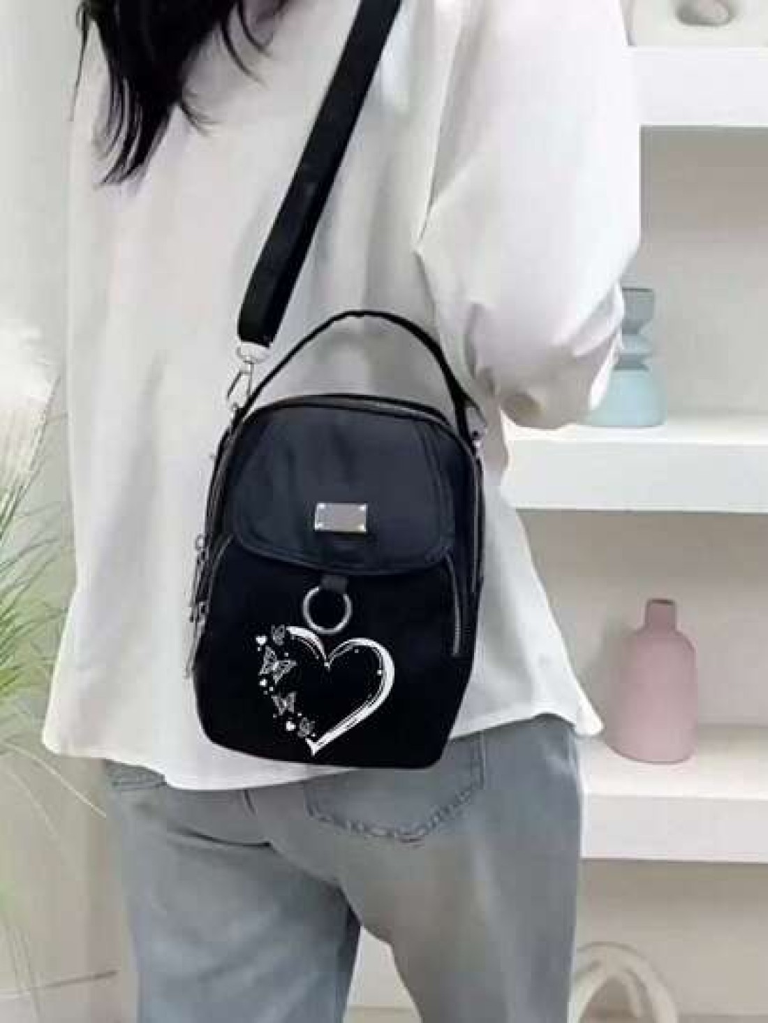 1pc Girl s Girl s Nylon Shoulder Bag With Heart And Butterfly Pattern Casual Mini Crossbody With Adjustable Strap Multi Layer External Headphone Hole Solid Color Secure Zip Closure Small Crossbody Bag