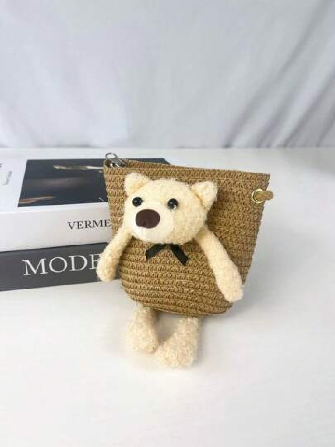 1pc Kids Cute Cartoon Bear Straw Beach Bag Princess Shoulder Crossbody Suitable For Daily Outing