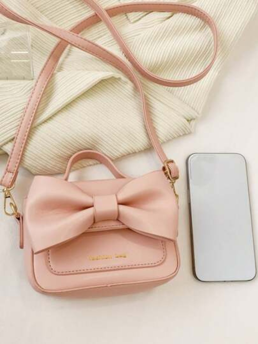1pc New Fashionable Chic Handbag Solid Color Sweet Bow PU Small Square Shoulder Bag