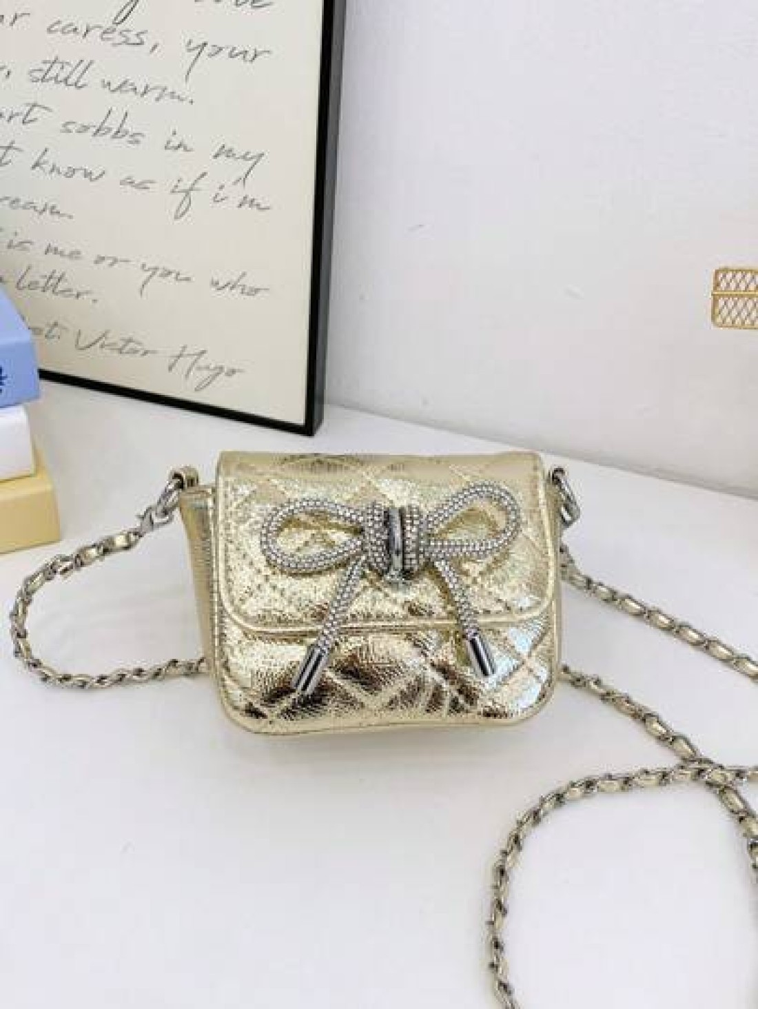 1pc Pu Magnetic Opening And Closing Fashion Sweet Bow Solid Color Diamond Grid Crossbody Mini Square Bag Korean French Exquisite Aesthetic Niche Design Chain Shoulder Crossbody Bag Versatile Casual Hi