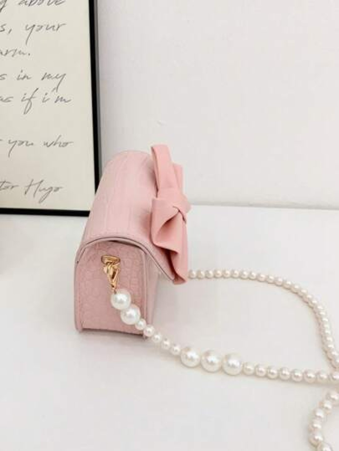 1pc Fashionable Pearl Chain Strap Mini Sling Bag With Bow Design Spring Summer