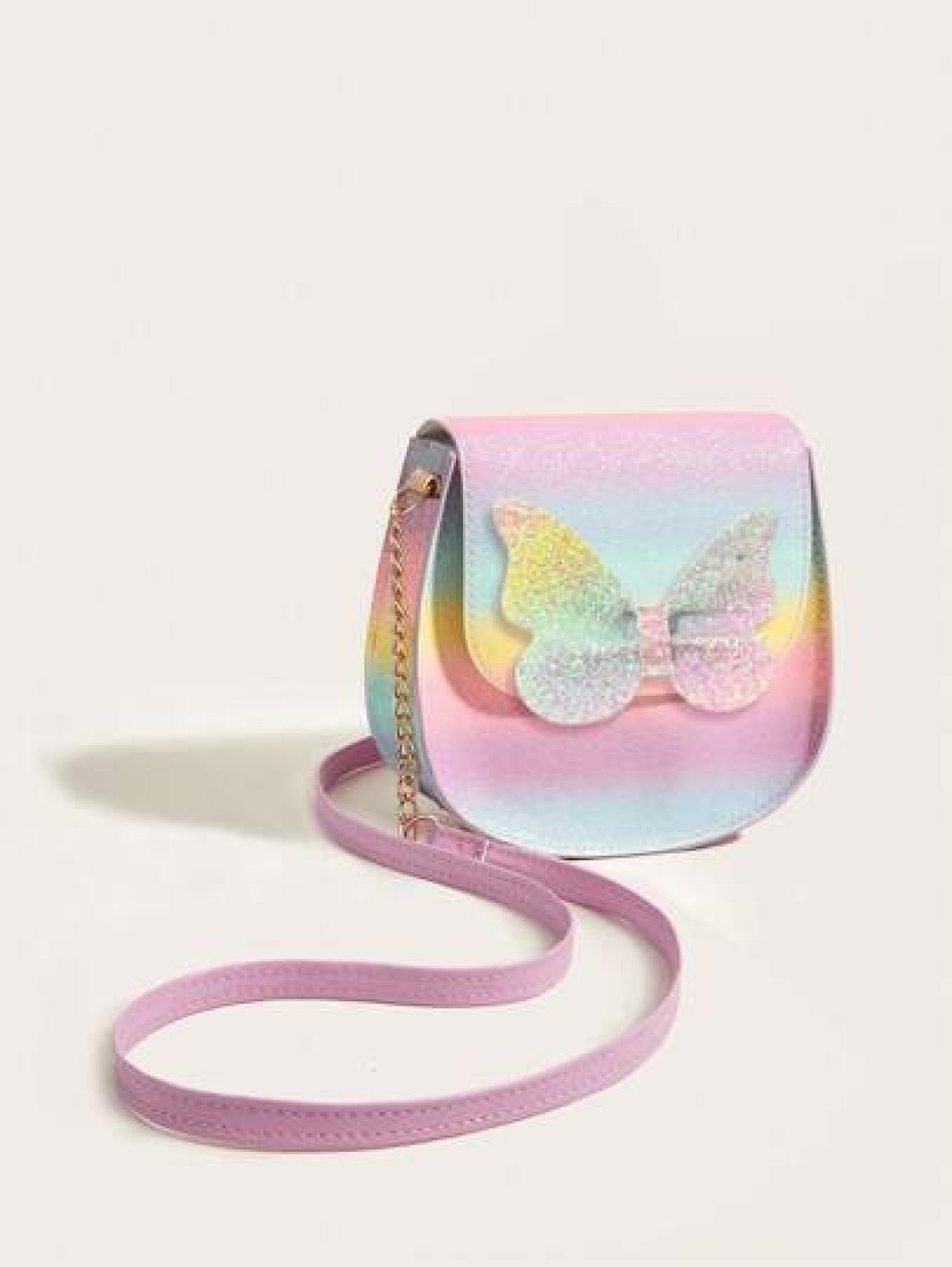 1pc Girls Cute Glitter Butterfly Flap Rainbow Plaid PU Crossbody Bag Suitable For Daily Use