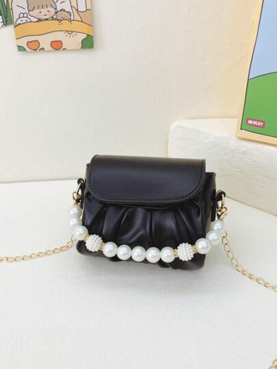 1pc Fashionable Sweet Pearl Chain Shoulder Messenger Bag Fashionable Pleated Underarm Bag Korean Version Of Hand Held Cute Girl Bag Pu Pleated Design Pearl Handbag High Grade Solid Matching Suitable F