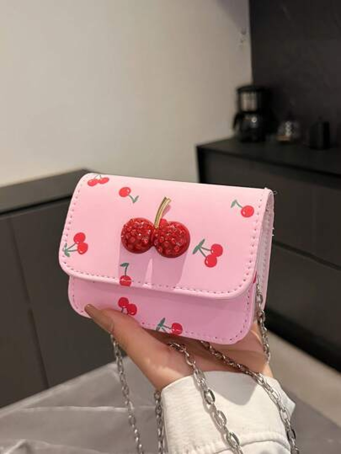 Fresh Cherry Print Mini Small Bag Foreign New Summer Cute Sweet Mini Lipstick Bag Chain Crossbody Headphone Bag Shoulder Bag Korean Fashion Crossbody Bag