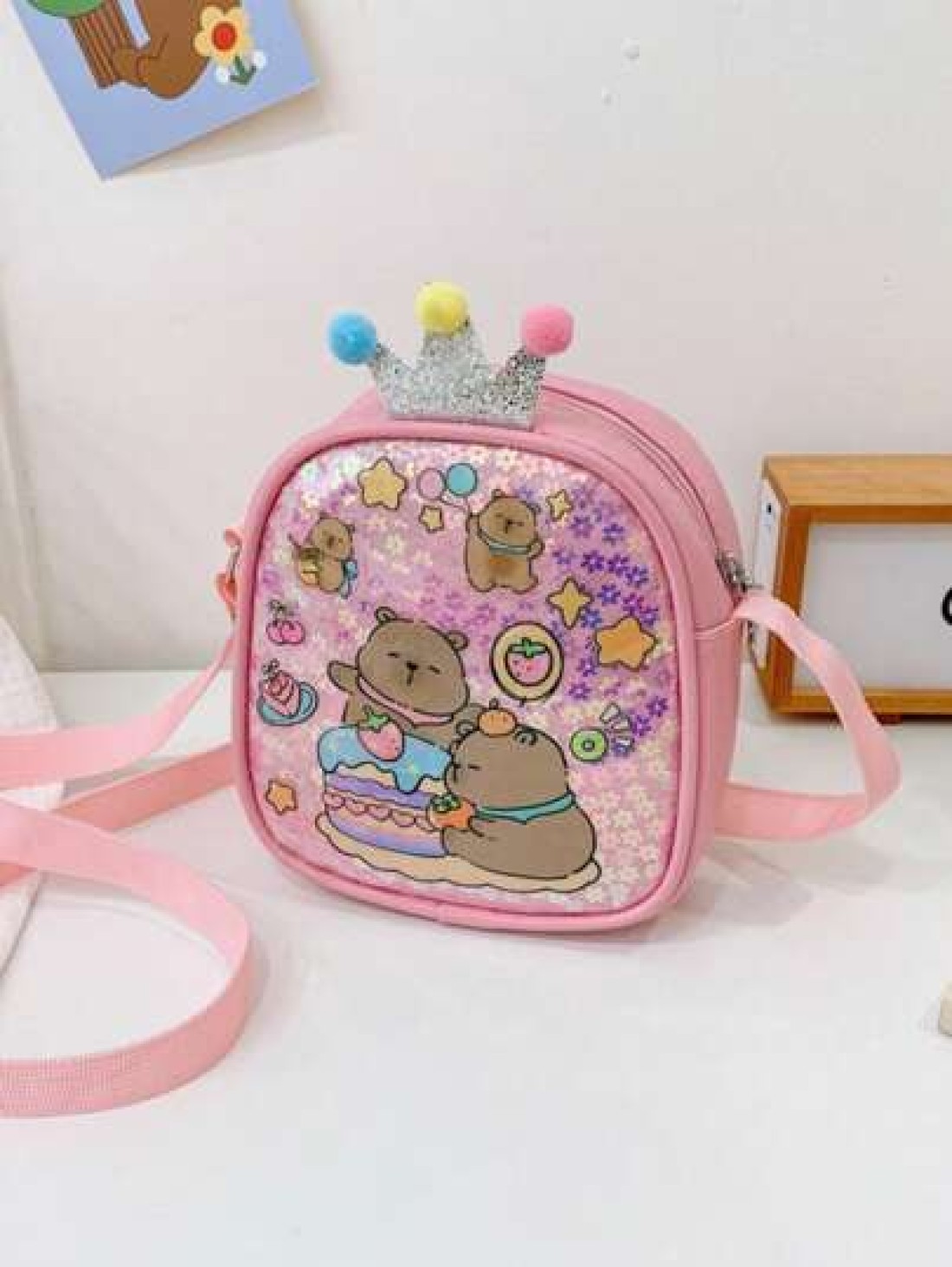 1pc Pu Zipper Closure Fashion Sweet Cute Princess Style Cartoon Capybara Shiny Square Bag Versatile Casual Highly Attractive Bag Multiple Colors To Choose From Suitable For Going Out Outdoor Daily Use