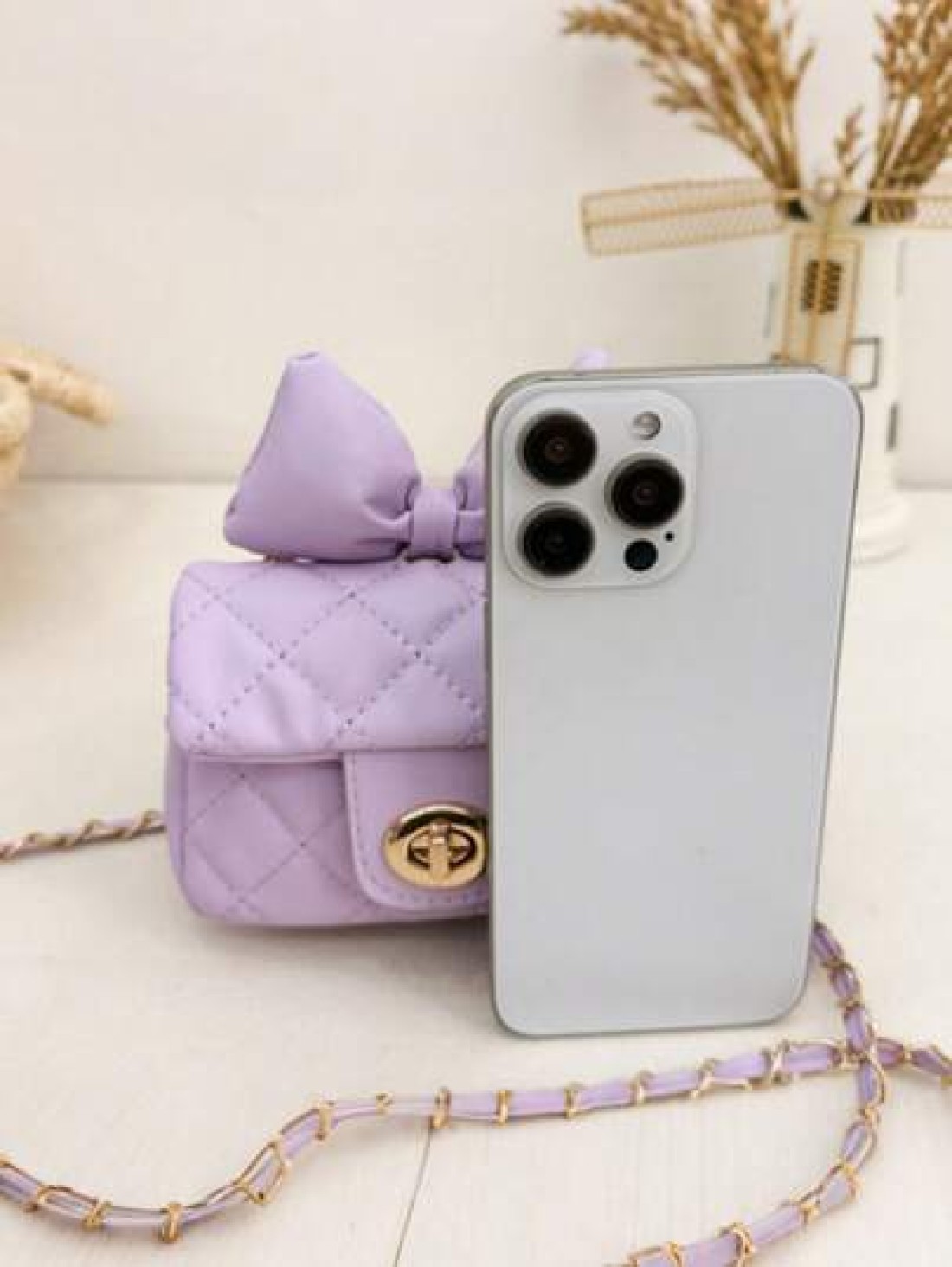 1pc Kids Bow Decor Coin Purse Embroidered Rhombus Mini Bag With Chain Fashionable Girls Crossbody Bag