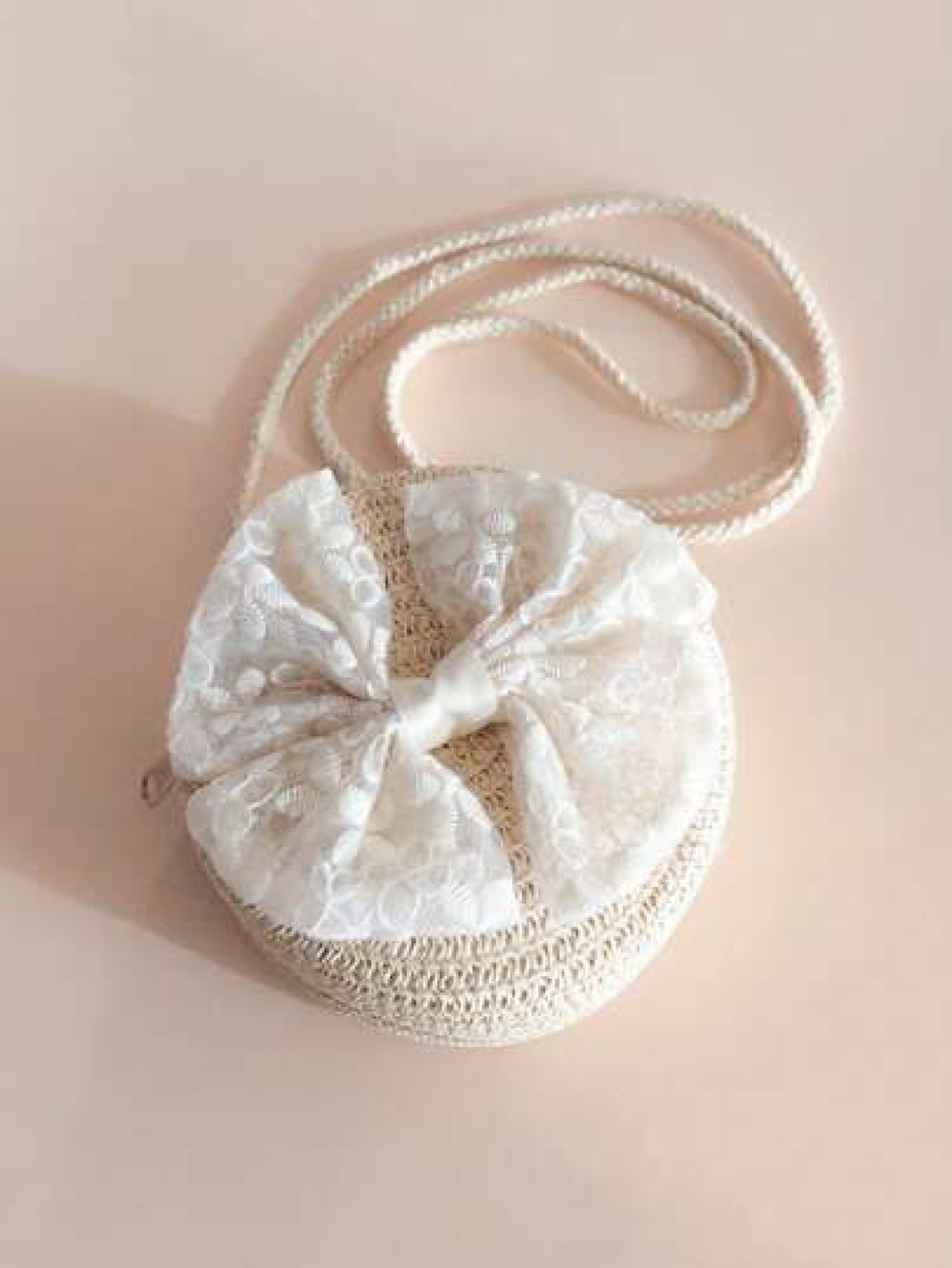 1pc Girls Lace Bowknot Straw Crossbody Bag Kids Coin Purse For Travel Beach