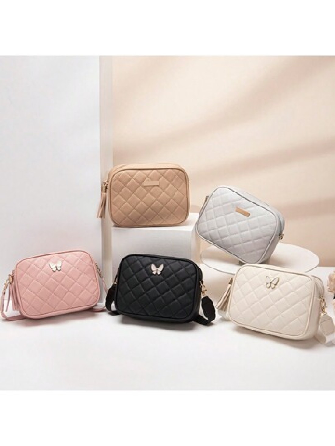 Quilted Square Crossbody Bag Classic Metal Decor Zipper Purse Faux Leather Shoulder Bag