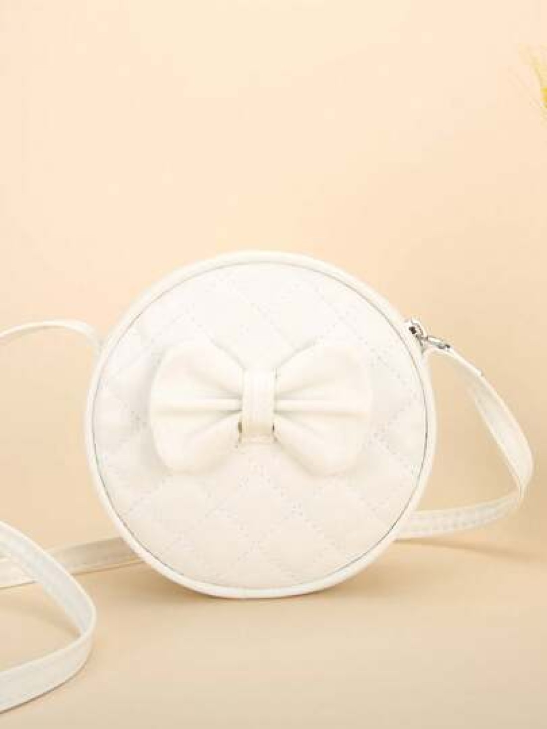 1pc Girl s White PU Shoulder Bag Fashionable Cute Bow Design Small Round Bag With Rhombus Embroidery Fits For Phone And Coins Zippered Closure Suitable For All Seasons