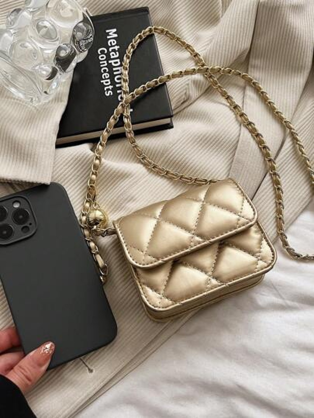 Spring And Summer Simple And Versatile High End Texture Rhinestone Embroidered Gold Ball Chain Strap Can Be Worn Over Shoulder Armpit Mini Bag