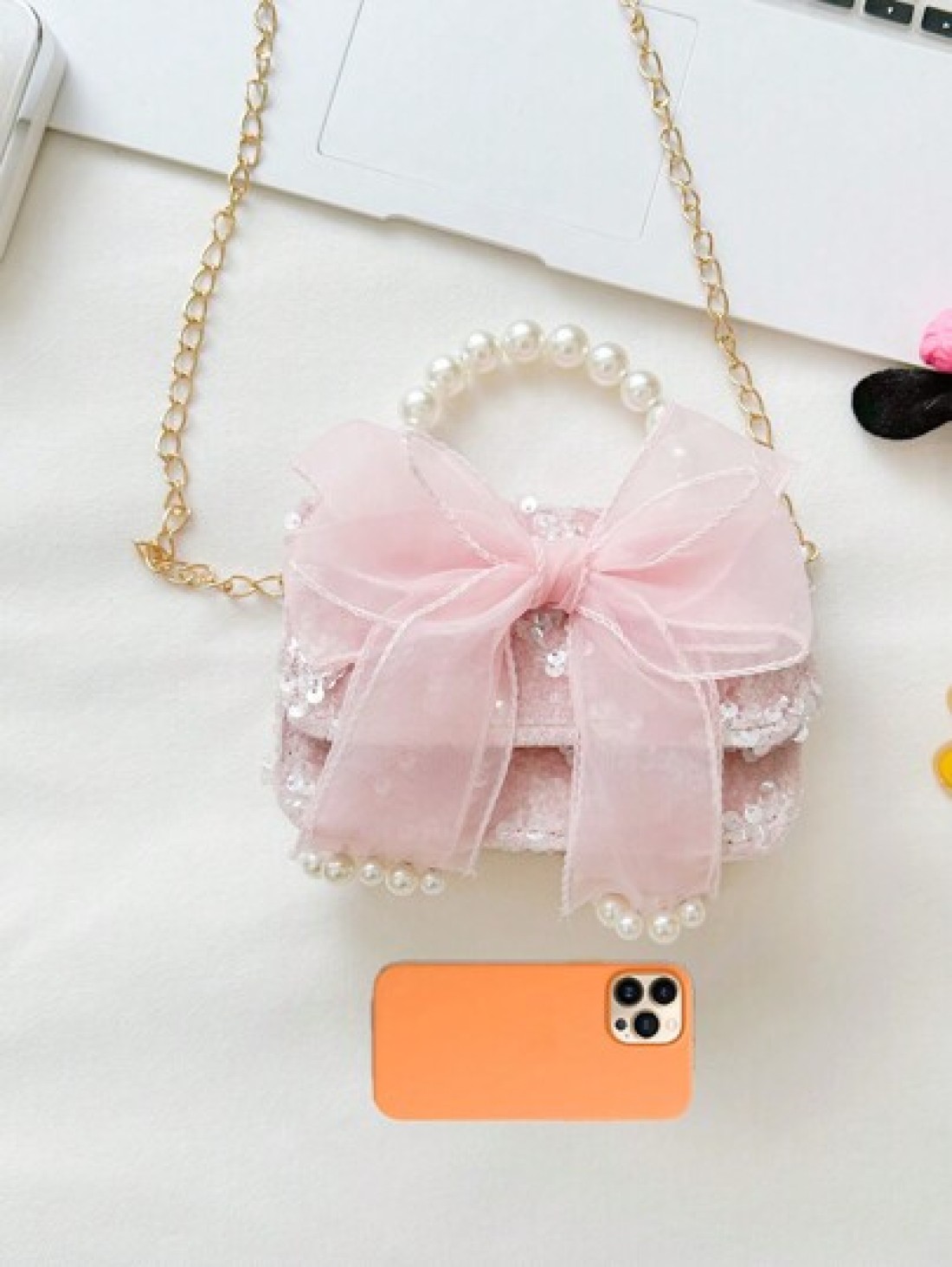 1pc Girls Polyester Cartoon Bow Pattern Crossbody Bag Cute Design For Outdoor Use