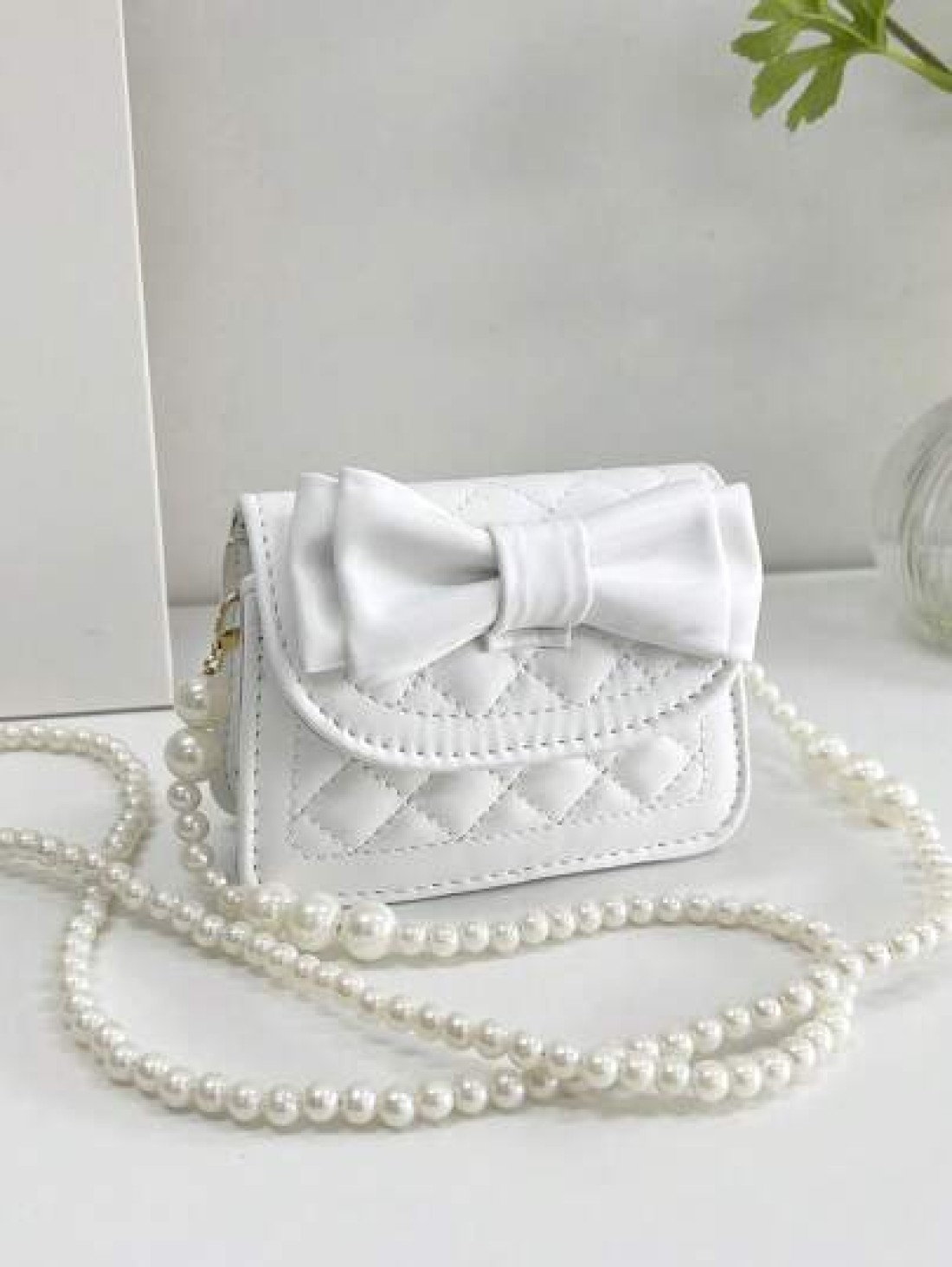 1pc Young Girl Casual Fashion Bowknot Rhombus Embroidery Thread Pearl Chain Crossbody Bag Suitable For Daily Use