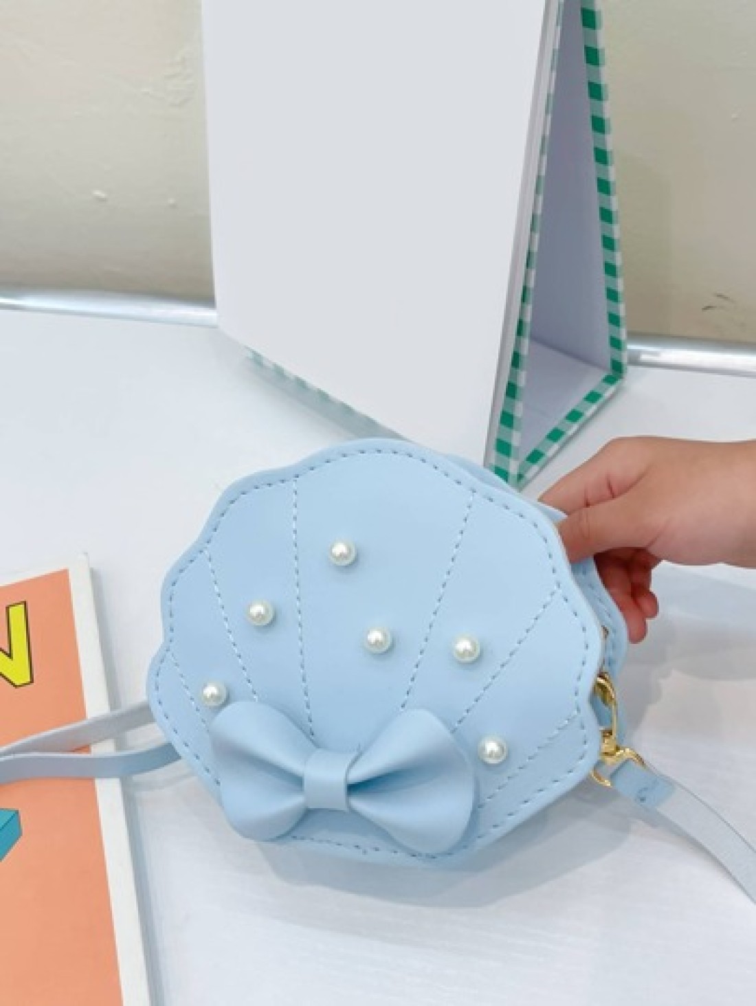 Girls Faux Pearl Bow Decor Dome Bag Mini Blue