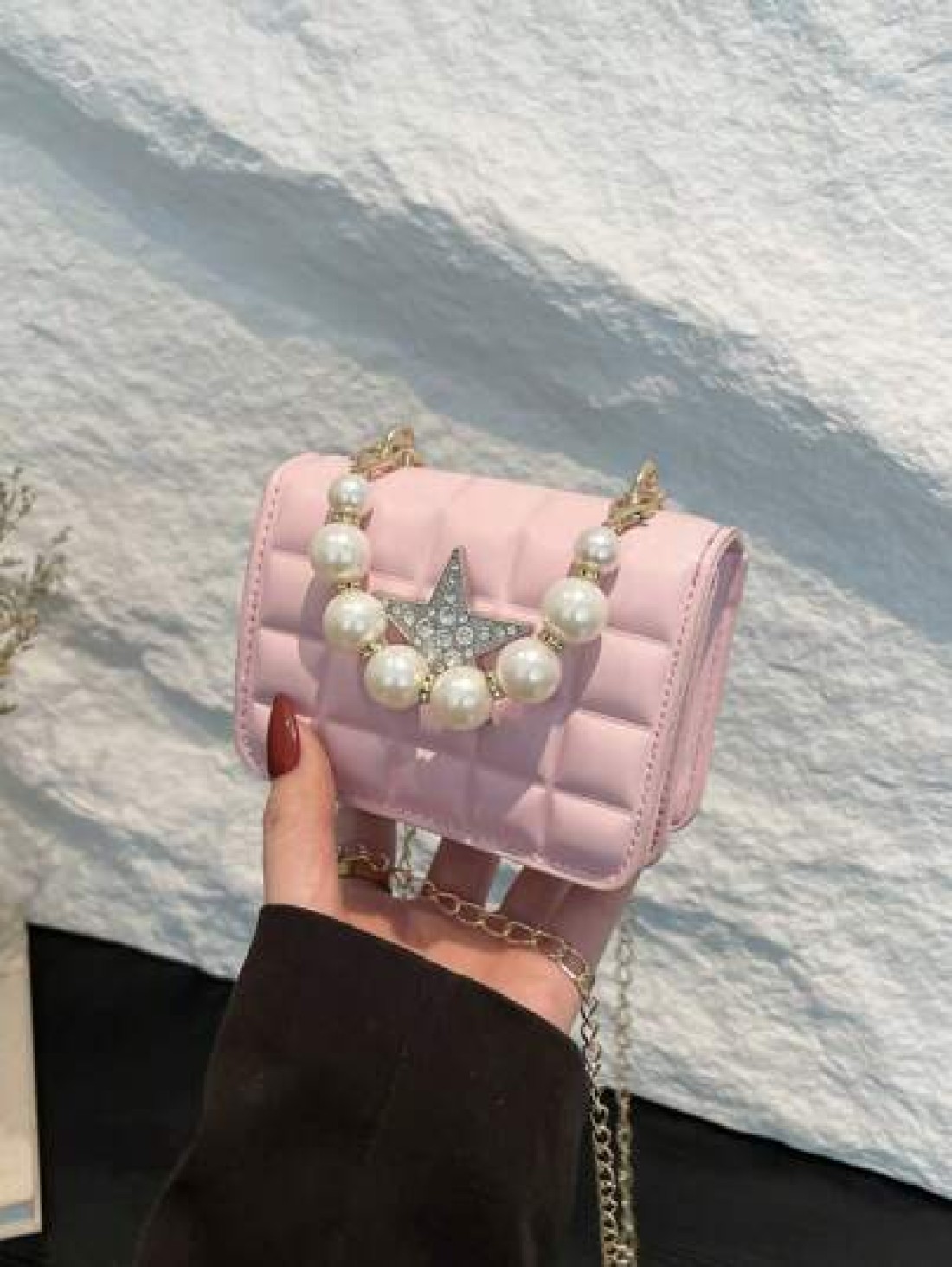1pc Pu Fashion Simple Sweet Diamond Lattice Pearl Five Pointed Star Hand Held Evening Party Square Bag Niche Design Chain Shoulder Strap Comfortable And Versatile One Shoulder Crossbody Smooth And Not