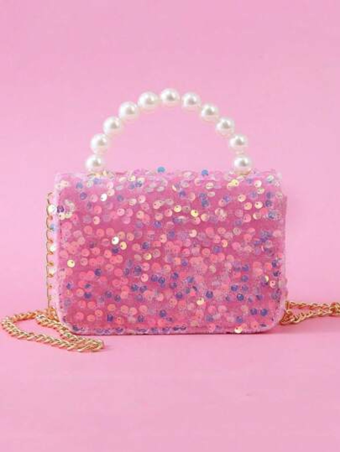 1pc Kids Sparkling Sequin Bow Decor PU Beaded Material Flap Closure Metal Chain Shoulder Strap Cute Beaded Handbag For Girls Sweet Shoulder Crossbody Bag For Snacks Coins Suitable For Christmas Birthd