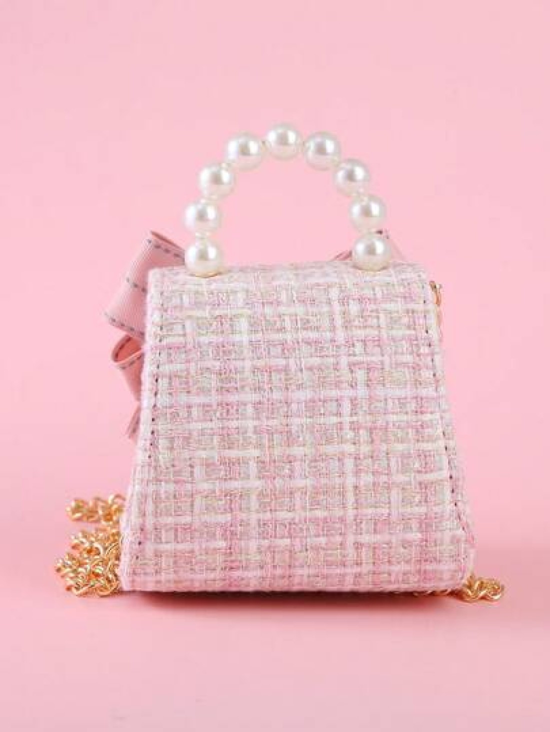 1pc Girls Cute Oversized Fabric Bow Letter Pearl Rhinestone Decor PU Flap Closure Metal Chain Casual Shoulder Bag Suitable For Holiday Daily Use