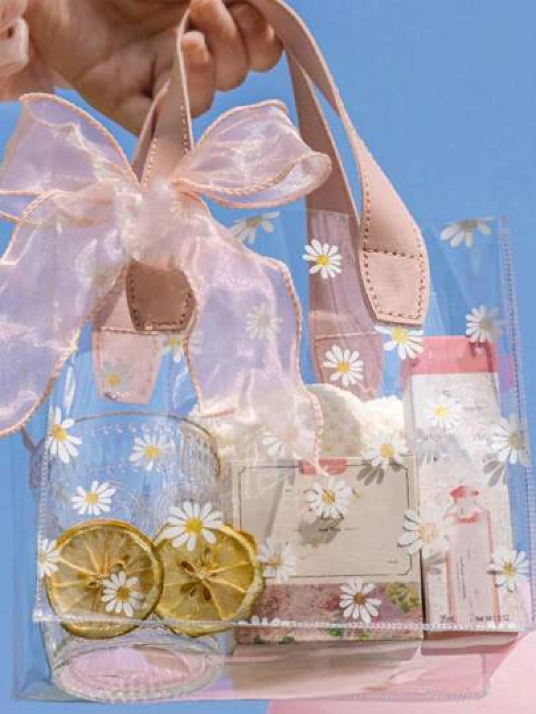 1pc Summer Daisy PVC Transparent Tote Bag Fresh Flower Printed Jelly Bag With Delicate Bowknot Gift Bag