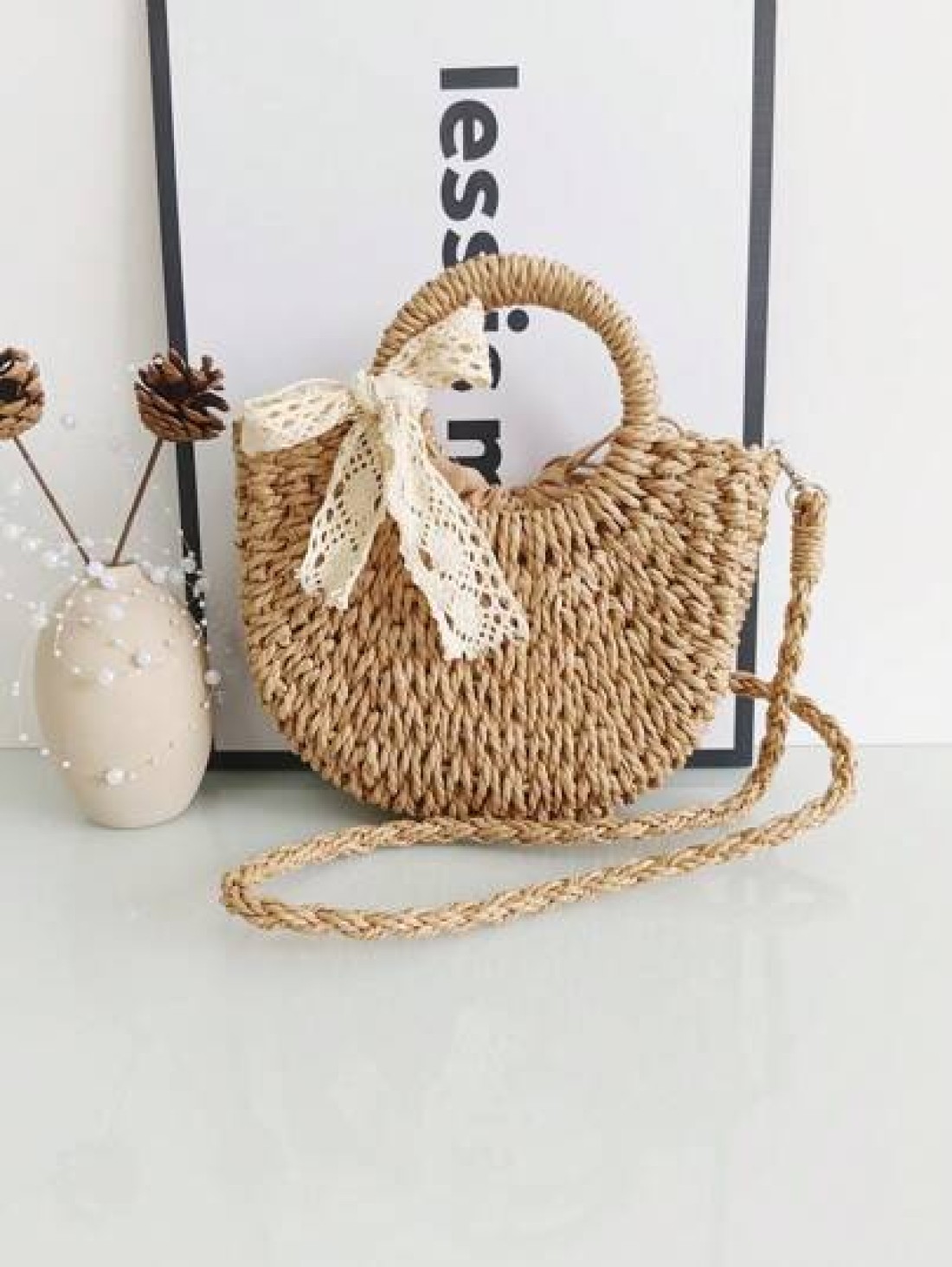 1pc Girls Beach Style Handbag Casual One Shoulder Crossbody Drawstring Top Tote Handmade Woven Butterfly Decor Straw Bag