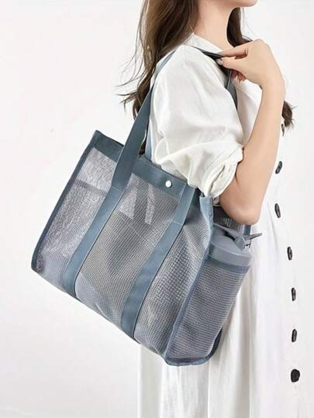 New Fashion Mesh Hollow Out Tote Bag Shoulder Bag Casual Swimwear Bag Travel Toiletry Organizer Bag With Buckle