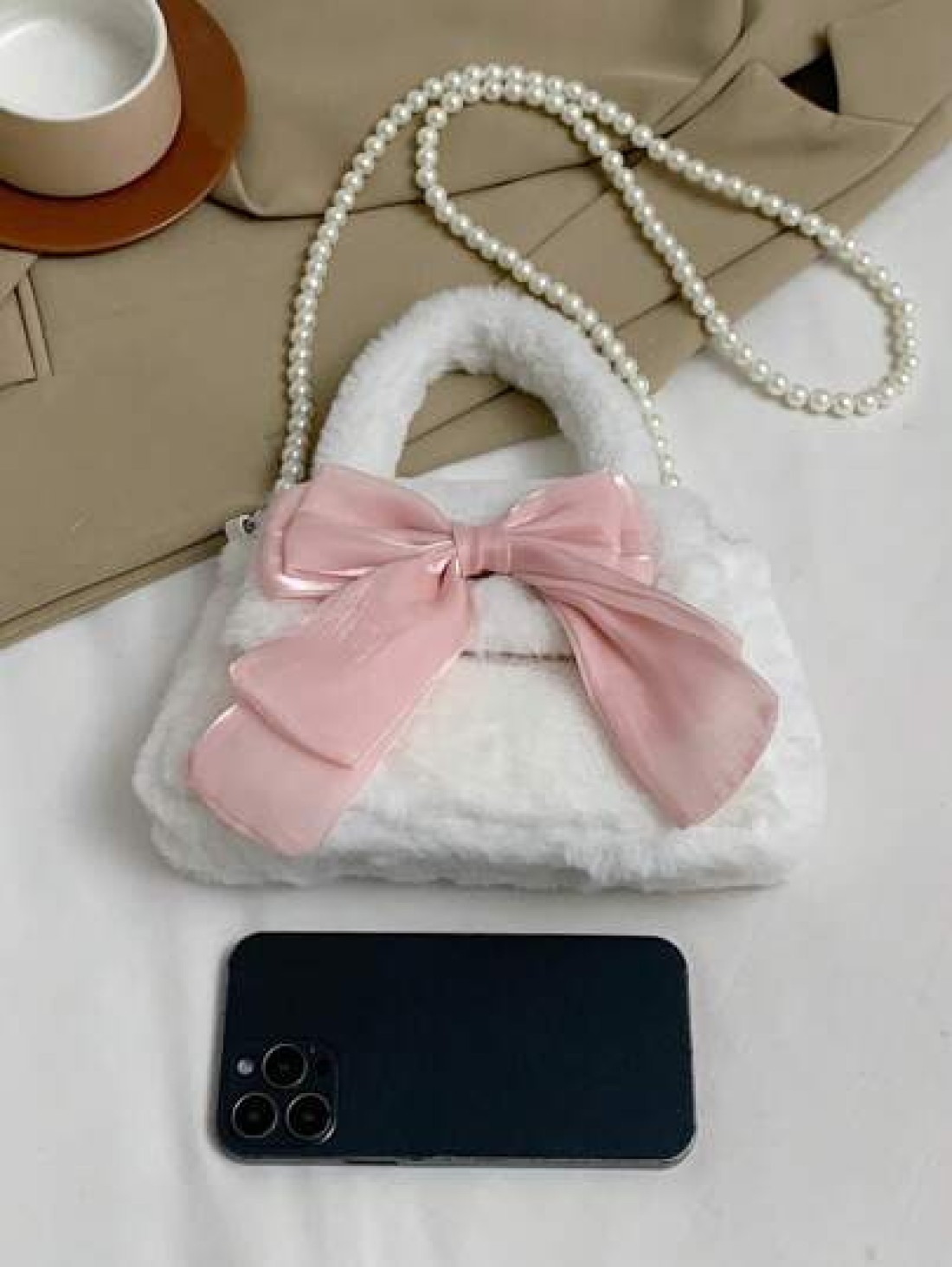 1 Pc Cute Mini Kids Pink Big Bow Soft Plush Handbag Fall Winter Pearl Shoulder Strap Crossbody Bag Lightweight Square Bags For Girls Students For Festivals Vacation Holiday Fashion Accessory