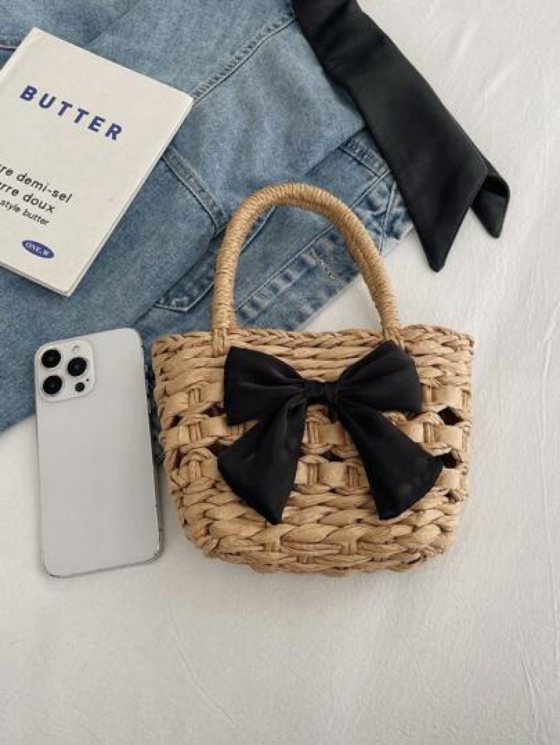 Girls Bow Straw Handbag Mini Woven Basket Bag Vacation Style