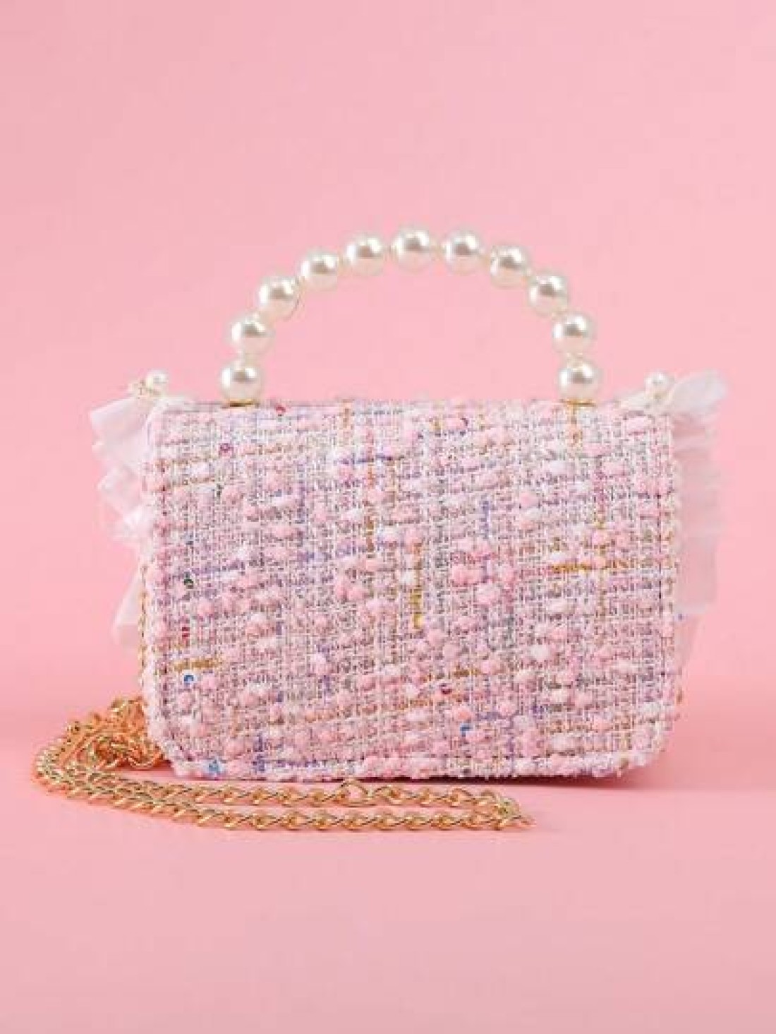 1pc Girls Ruffle Flower Leaf Metal Decor Pearl Sticker PU Wool Felt Multi Function Chain Closure Casual Beaded Handbag Children Princess One Shoulder Crossbody Bag Suitable For Holidays And Daily Use