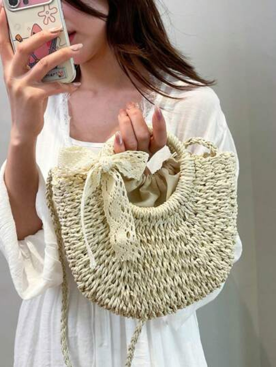 1pc Girls Vacation Style Drawstring Pockets Shoulder Handbag Casual Crossbody Bag Suitable For Summer Vacation