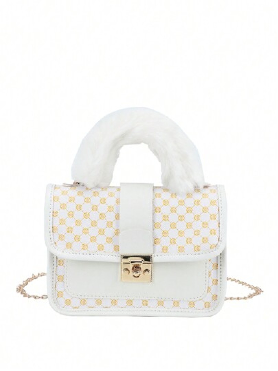 1pc Girl s Vintage Printed Plush Handbag Cute Metal Chain Crossbody Bag Casual Mobile Bag Ideal Choice For Gifts