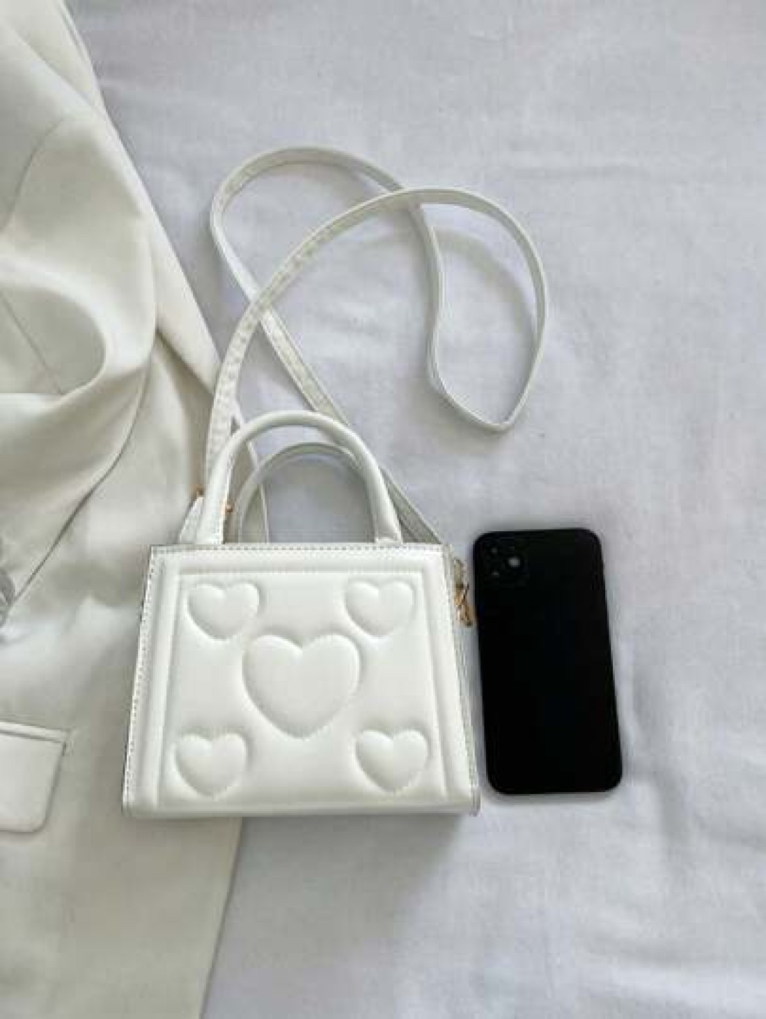 1pc Pu Zipper Opening And Closing Fashionable Small Fresh Love Indentation Handbag Korean Simple Solid Color Versatile Shoulder Messenger Bag Niche Design Comfortable Adjustable Shoulder Strap Versati