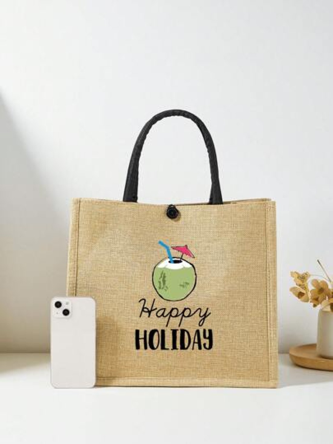 1 Pc Simple Linen Summer Element Print Tote Bag For Big Children Large Capacity Travel Bag Square Bag Gift Bag Shopping Bag Portable Button Closure Handbag For Daily Class And Back To School Shopping