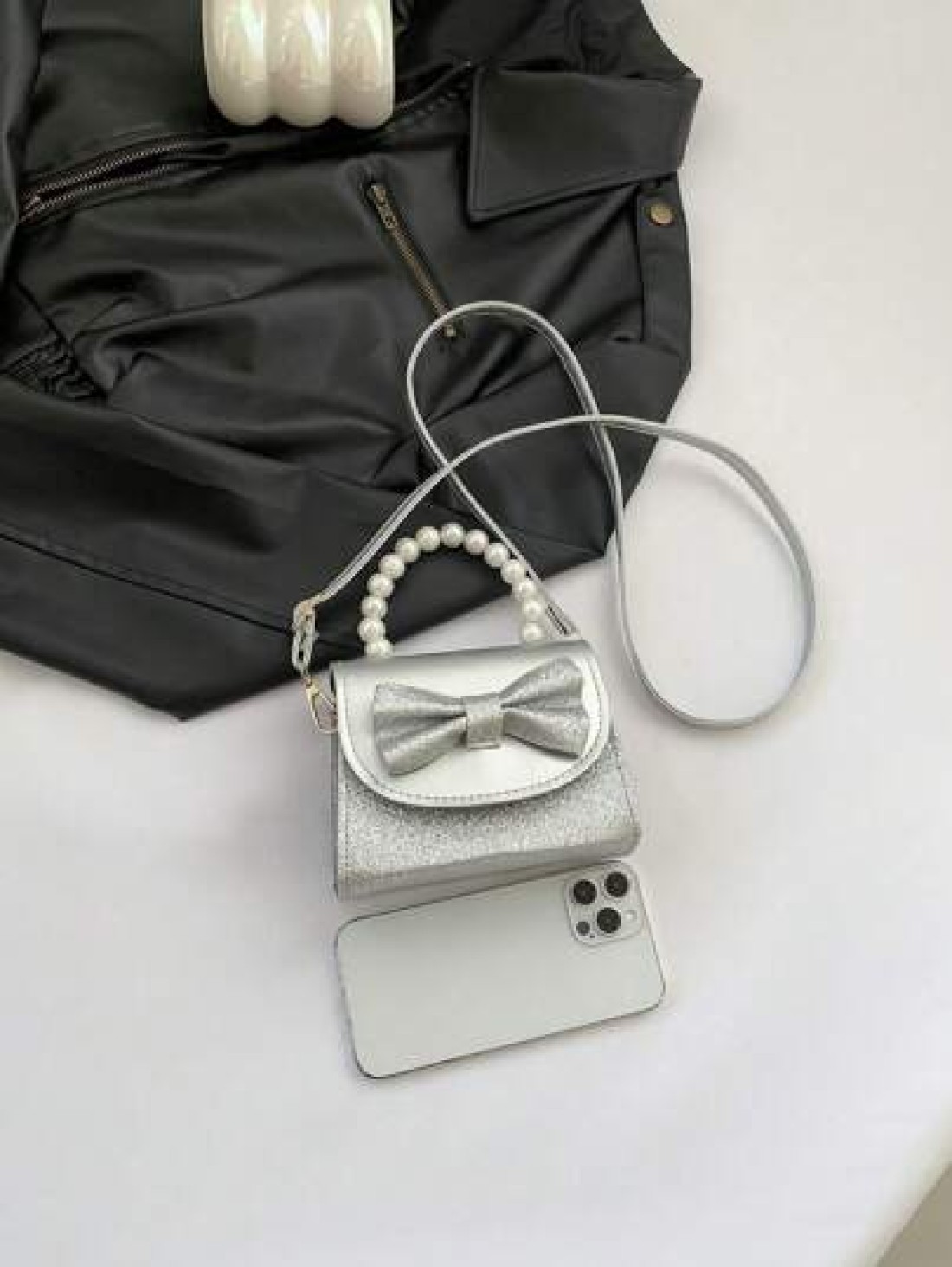 1pc Pu Magnet Closure Fashion Sweet Cute Bow Pearl Handbag Fashion Chain Shoulder Crossbody Evening Bag Niche Design Comfortable Shoulder Strap Versatile And Not Picky Suitable For Dinner Outing Play