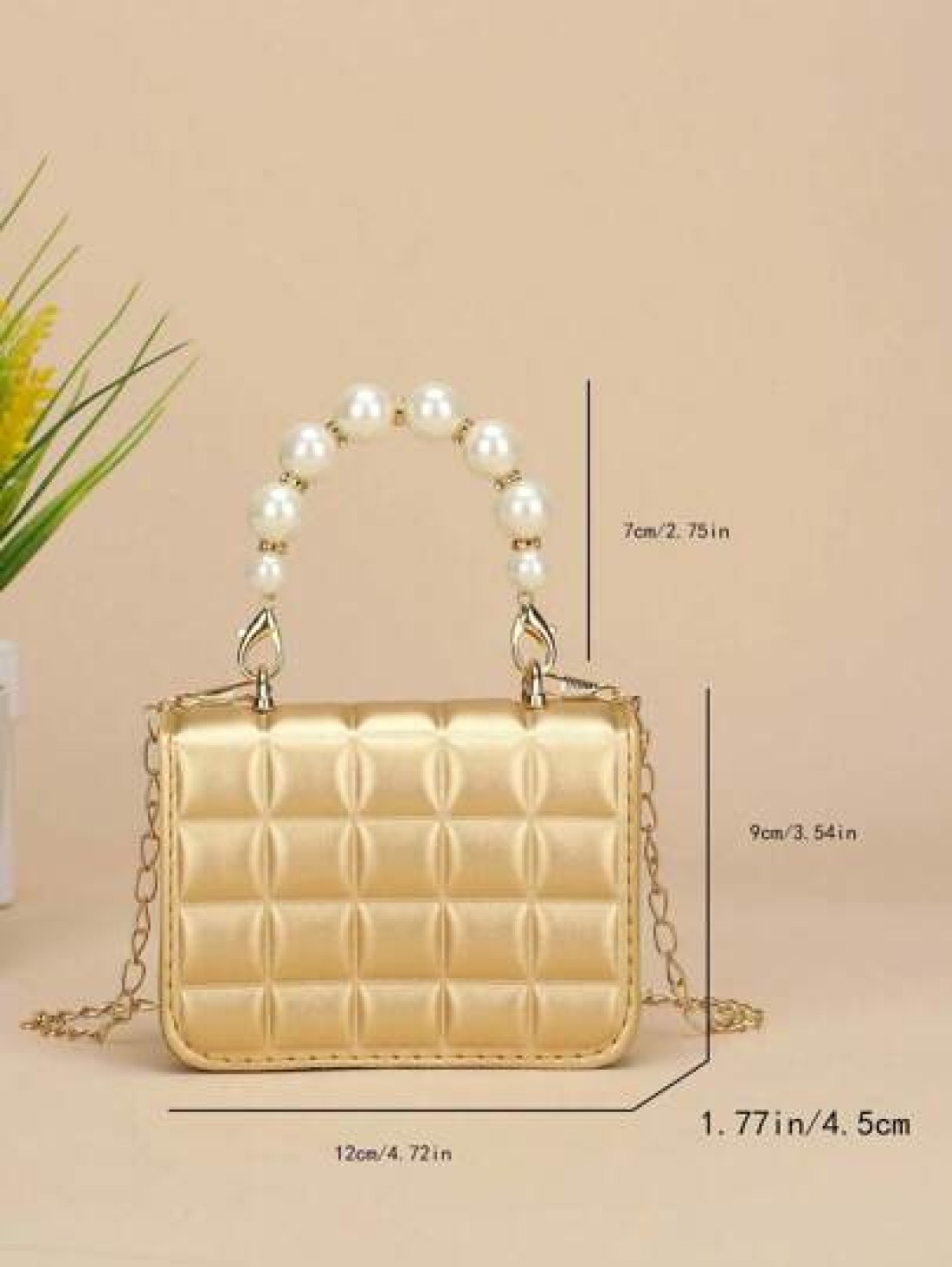 1pc Mini Girl s Textured Plaid PU Flap Minimalist Versatile Pearl Handbag Suitable For Daily Use
