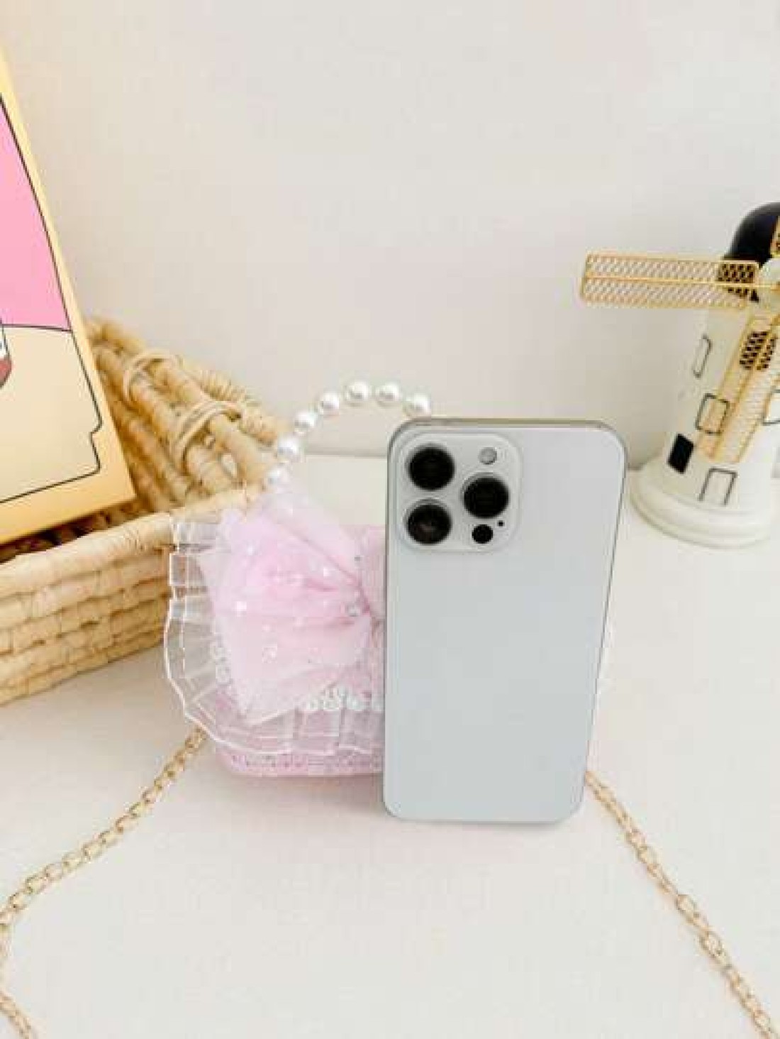 1 Pc Mini Fashion Shiny Young Children Pearl Handbag Chain Crossbody Bag Flip Bag Samll Square Bag Kawaii Princess Bag Toddler Coin Purse Cute Candy Storage Bag Portable Light Sweet Big Lace Bow Sequi