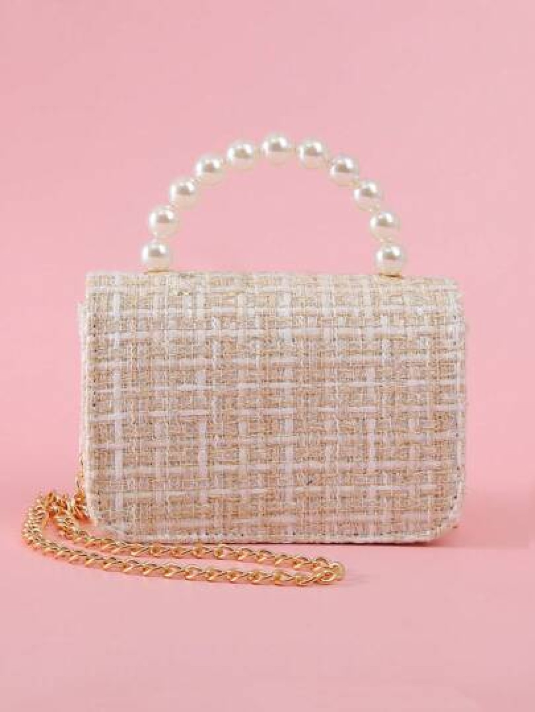 1pc Kids Large Size Pearl Bow Decor PU Solid Striped Pattern Snap Closure Metal Chain Strap Cute Simple Beaded Handbag Crossbody Bag For Girls Fit For Daily And Holiday Use