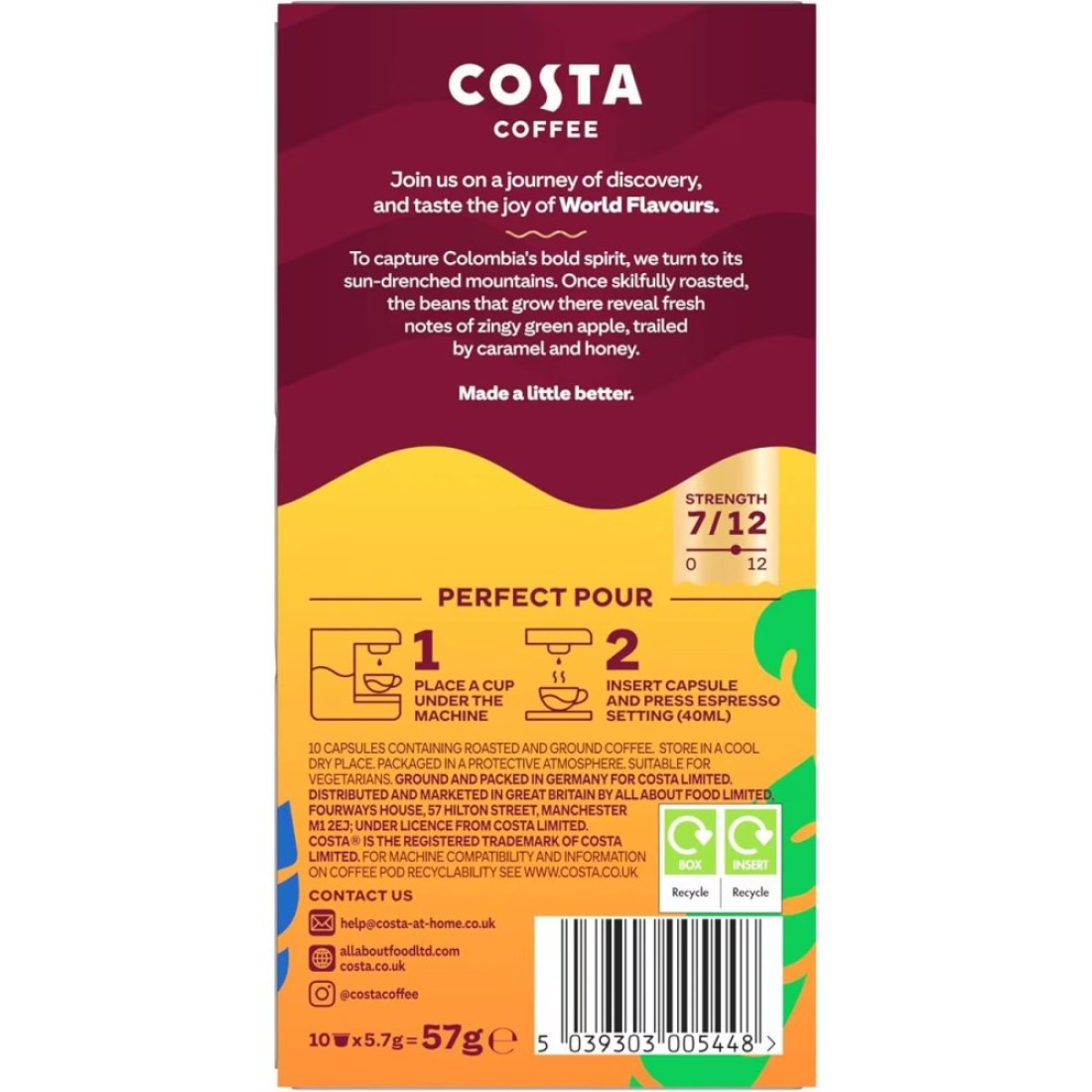 Costa Coffee Bold Colombian Single Origin Espresso Coffee 10 Capsules